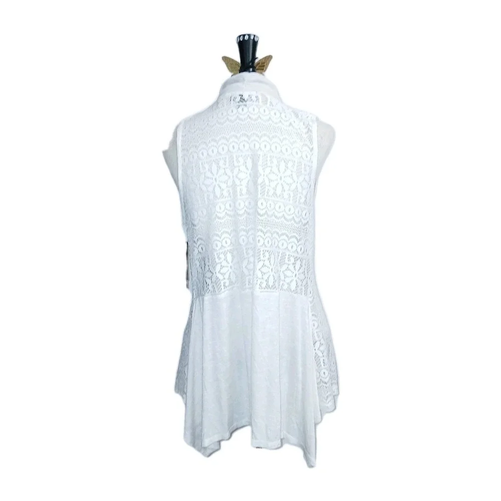 AB Studio Women Crochet Lace Vest Large Ivory Waterfall Boho Ethereal Lagenlook